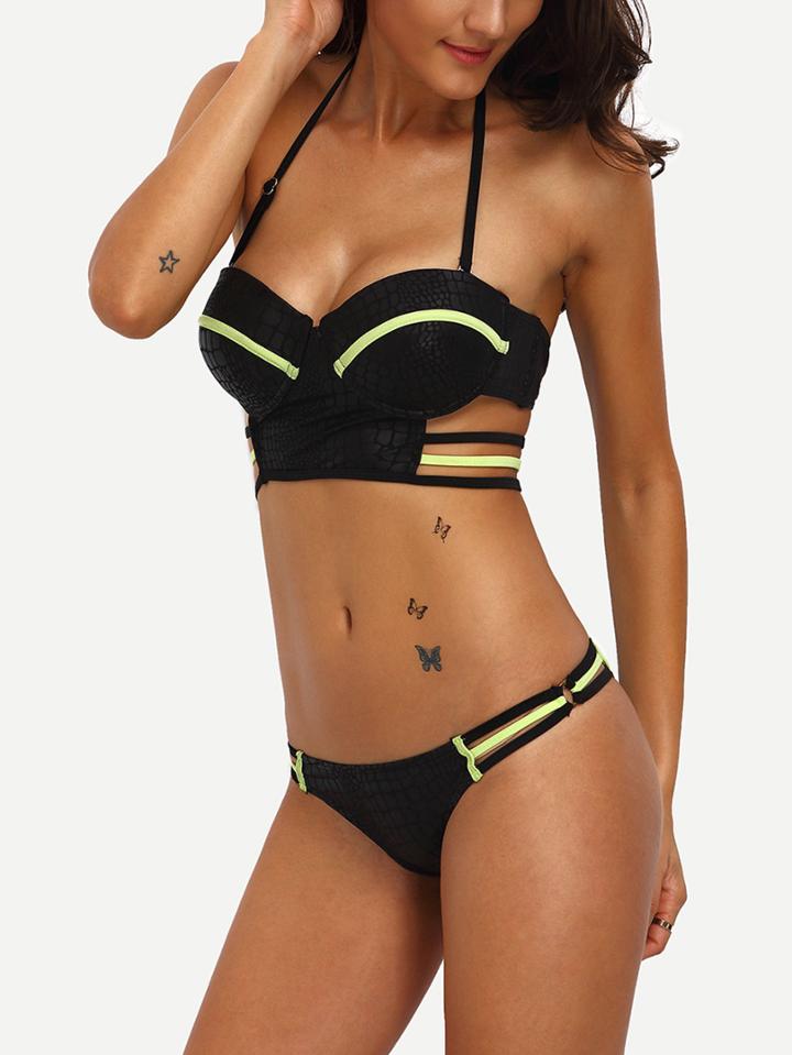 Romwe Halter Ladder-cutout Bikini Set