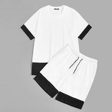 Romwe Guys Two Tone Top & Drawstring Waist Shorts Set