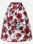 Romwe Multicolor Rose Print Box Pleated Midi Skirt