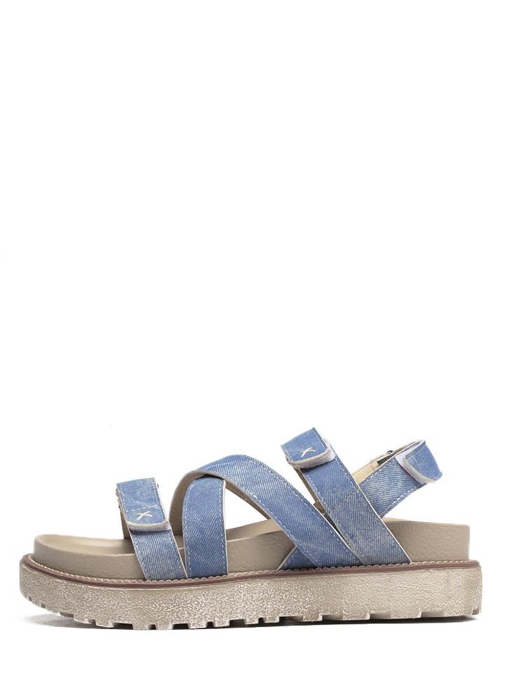 Romwe Blue Peep Toe Crisscross Velcro Flatform Sandals