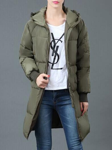 Romwe Hooded Zipper Long Army Green Coat