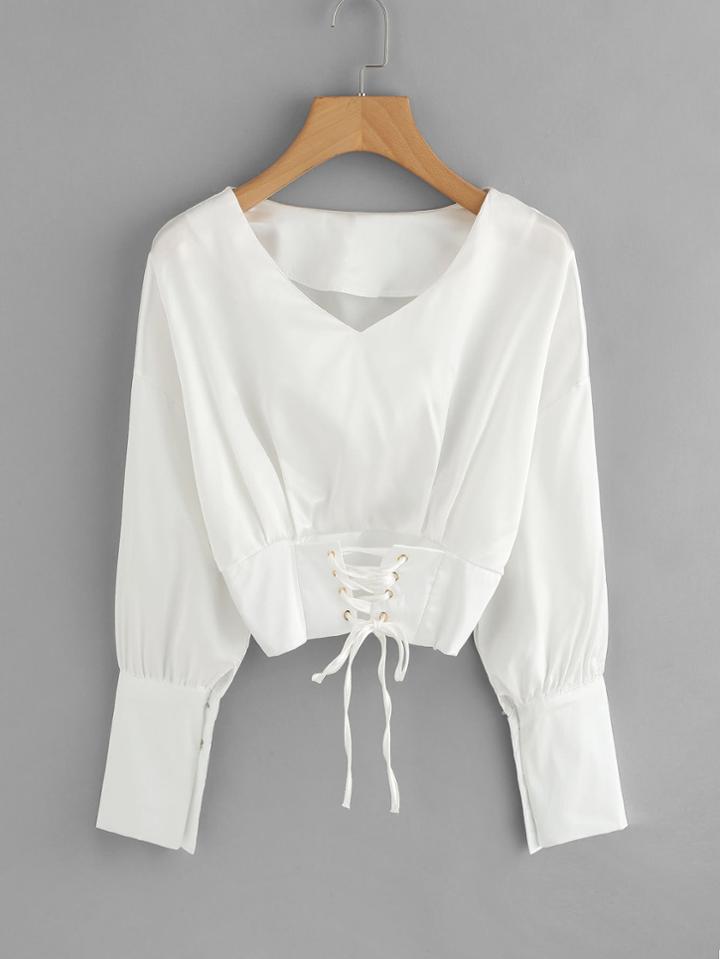 Romwe V Neckline Eyelet Lace Up Hem Stain Blouse