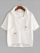 Romwe White Dip Hem Dual Pockets Drawstring Hooded T-shirt
