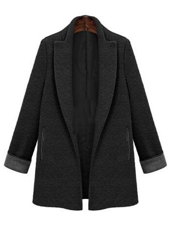 Romwe Lapel Pockets Woolen Black Coat