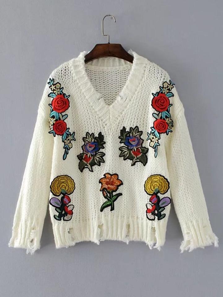 Romwe Flower Applique V Neckline Ripped Sweater