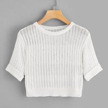 Romwe Rolled Cuff Rib Knit Crop Sweater
