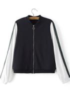 Romwe Navy Elastic Cuff Embroidery Back Zipper Jacket