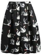 Romwe Black Swan Print Midi Skirt