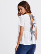 Romwe Checkered Bow Bow Eyelet Embroidered Smock Top