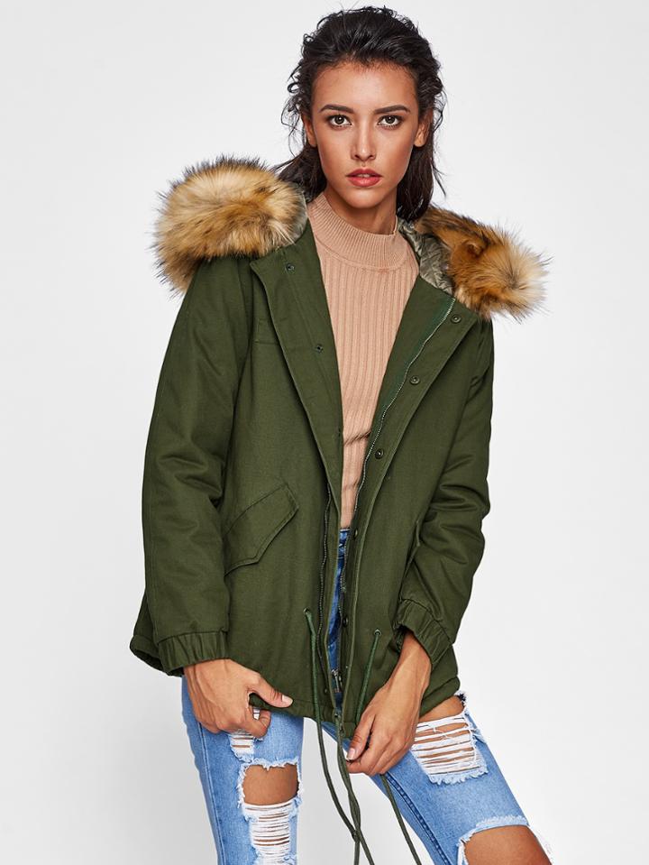 Romwe Faux Fur Trim Hood Utility Coat