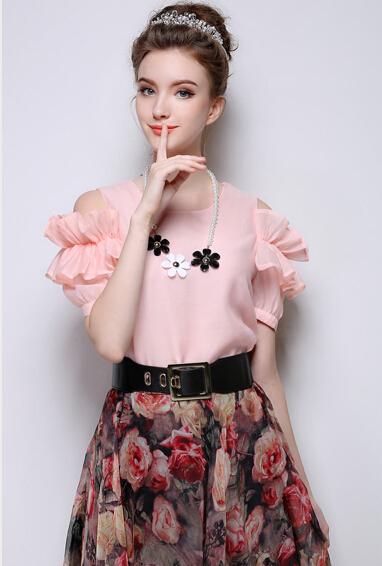 Romwe Cold Shoulder Ruffle Pink Top