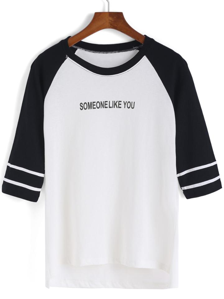 Romwe Dip Hem Color-block Letter Print T-shirt