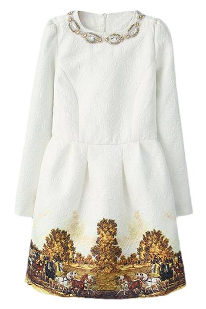 Romwe Romwe Pleated Carriage Print Beaded Lined White Dress