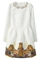 Romwe Romwe Pleated Carriage Print Beaded Lined White Dress