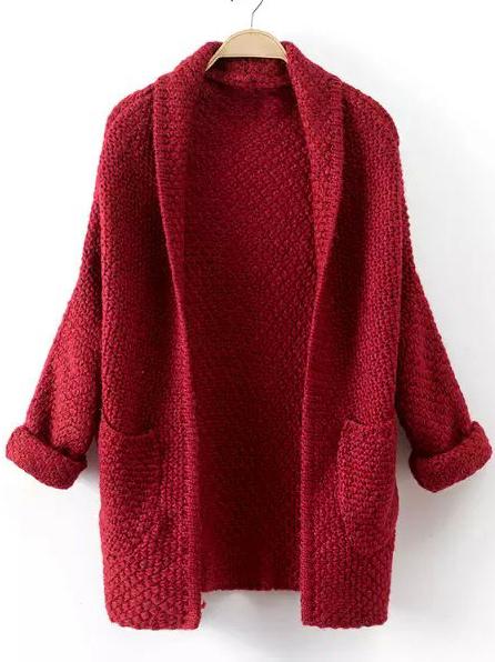 Romwe Red Long Sleeve Pockets Knit Cardigan