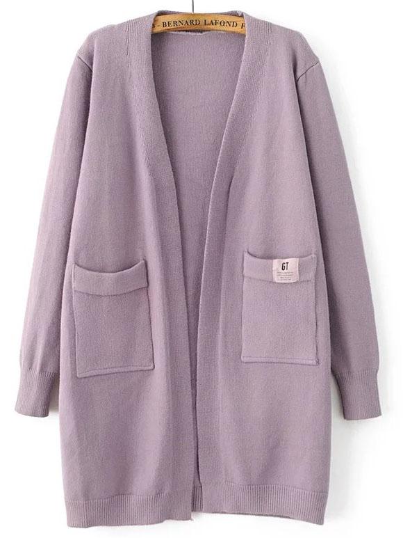 Romwe Purple Collarless Ribbed Trim Pocket Georgia Tech Cardigan