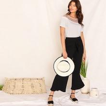 Romwe Keyhole Back Lace Yoke Trim Dot Tee