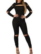 Romwe Black Long Sleeve Cut Out Jumpsuit With Zipper
