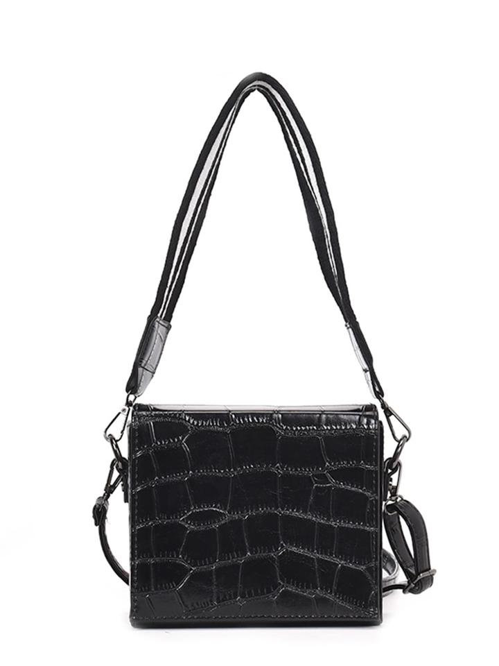 Romwe Embossed Croc Shoulder Bag With Striped Strap