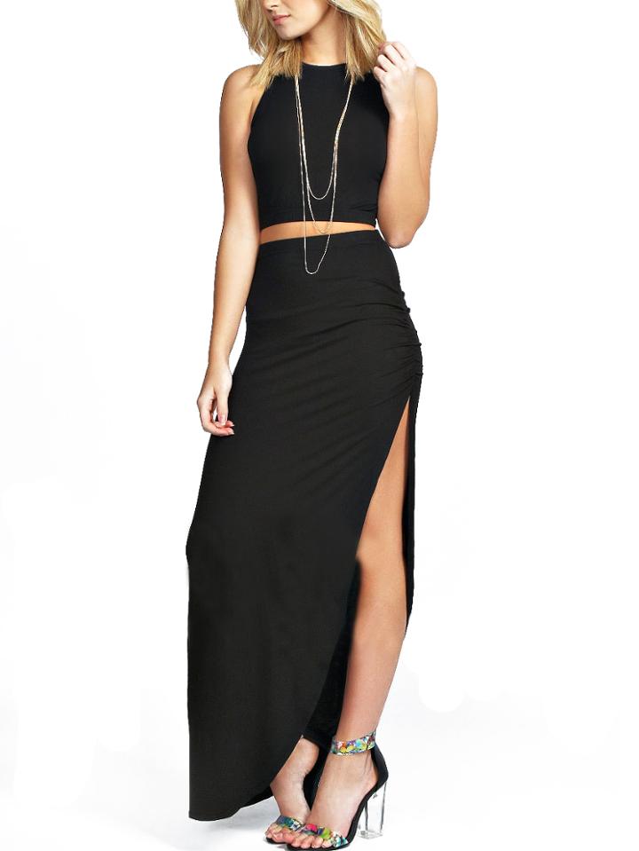 Romwe Sleeveless Crop Top With Slit Black Skirt