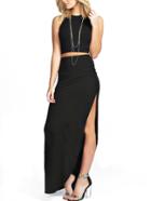 Romwe Sleeveless Crop Top With Slit Black Skirt