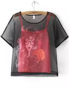 Romwe Rhinestone Beauty Print Organza Top With Red Vest