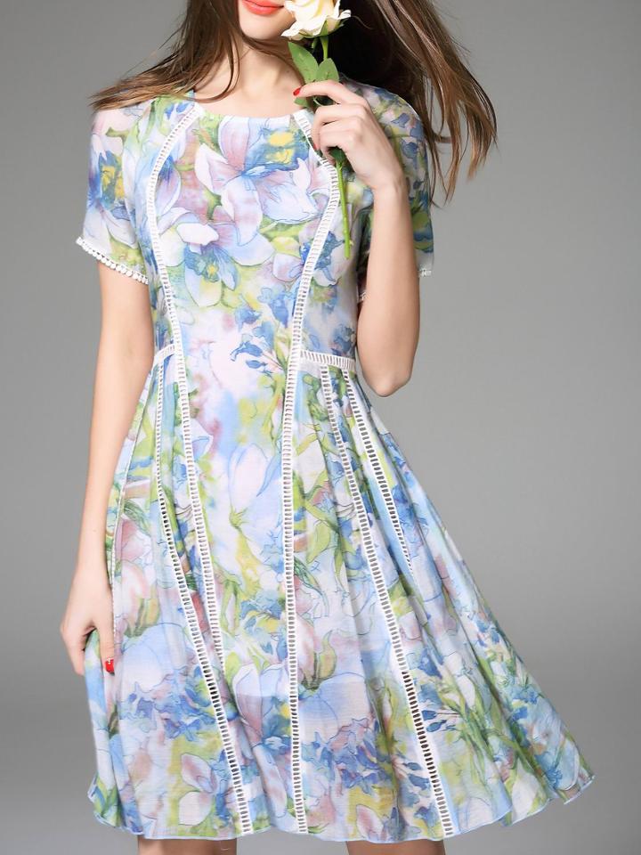 Romwe Blue Floral Hollow A-line Dress
