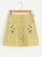 Romwe Flower Embroidered Single Breasted Skirt