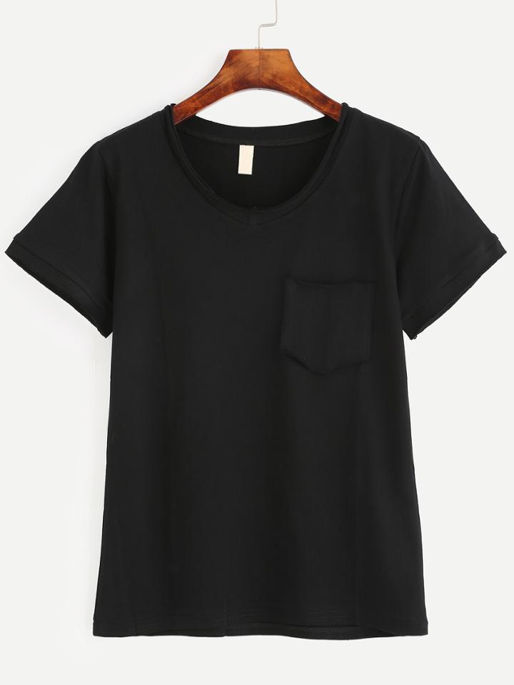 Romwe Black Pocket T-shirt