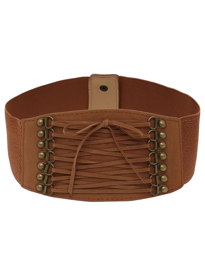 Romwe Lace-up Front Brown Wide Elastic Belt