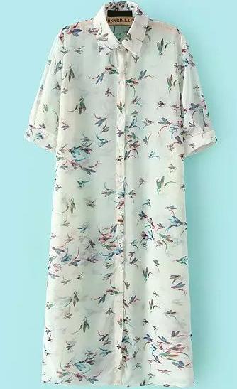 Romwe Lapel Bird Print With Buttons Chiffon White Blouse
