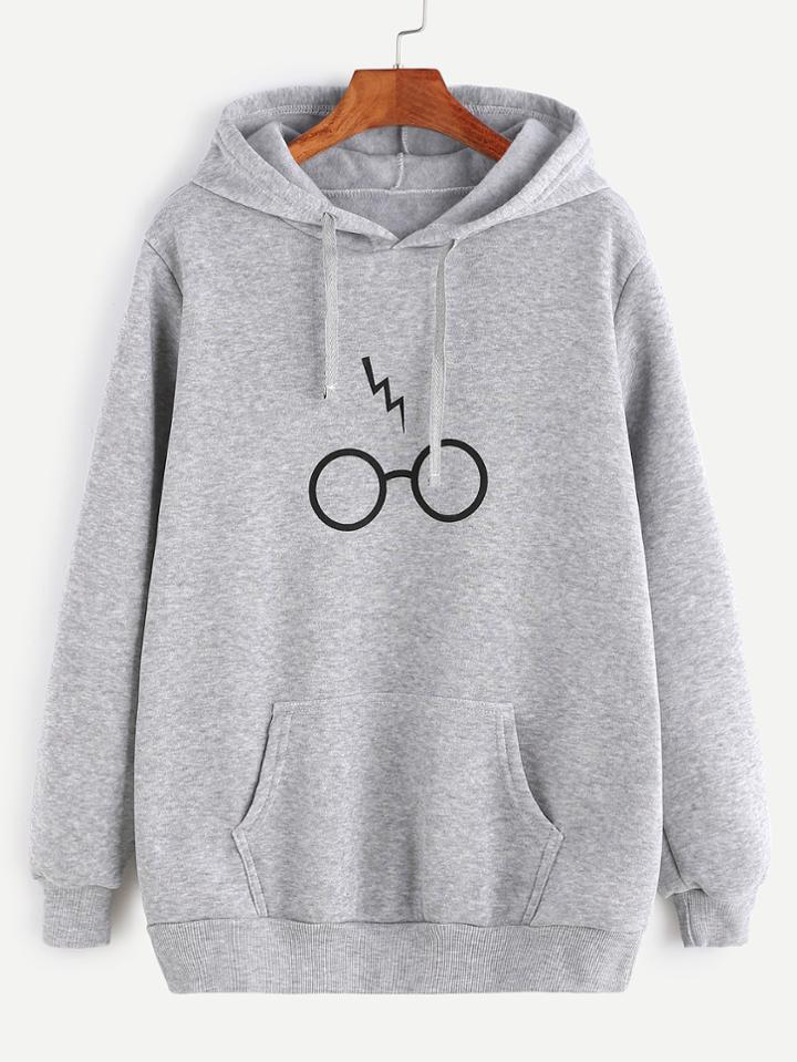 Romwe Pale Grey Print Drawstring Hooded Pocket Sweatshirt