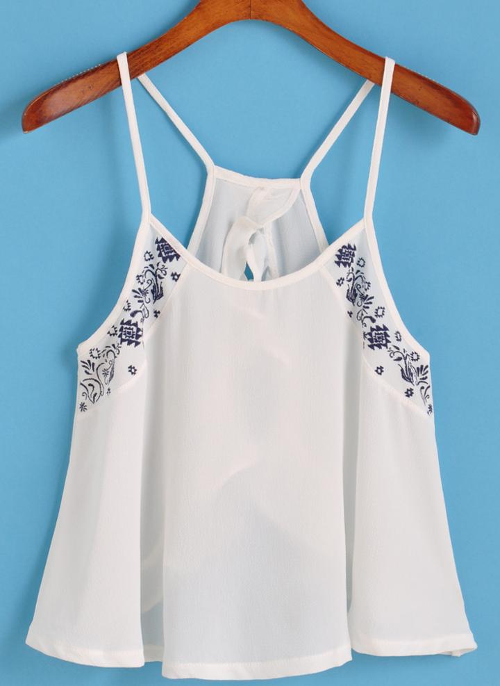 Romwe Spaghetti Strap Embroidered Split White Cami Top