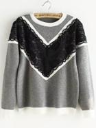 Romwe Contrast Lace Chevron Print Grey Knitwear