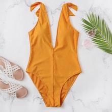 Romwe Shoulder Knot Solid One Piece Swimsuit