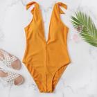 Romwe Shoulder Knot Solid One Piece Swimsuit