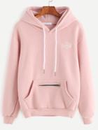 Romwe Pink Letter Embroidery Zip Pocket Drawstring Hoodie