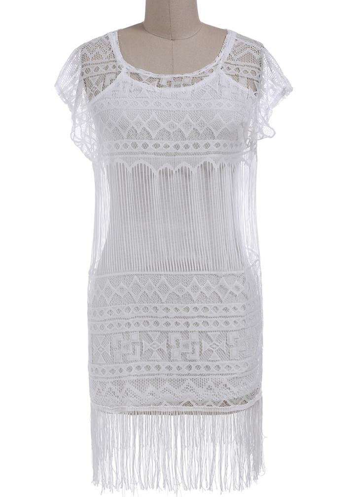 Romwe Sheer Lace With Tassel Dress