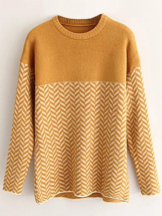 Romwe Ginger Wave Patterned Drop Shoulder Sweater