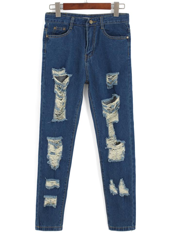 Romwe Ripped Loose Denim Blue Pant