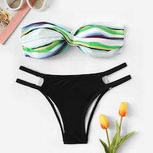 Romwe Striped Twist Underwire Bandeau With Cut-out Cheeky Bikini