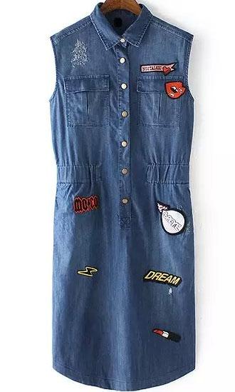 Romwe Lapel With Pockets Patch Denim Dress