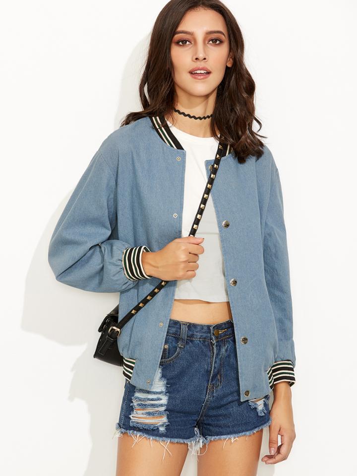 Romwe Blue Ribbed Varsity Stripe Trim Chambray Bomber Jacket