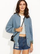 Romwe Blue Ribbed Varsity Stripe Trim Chambray Bomber Jacket