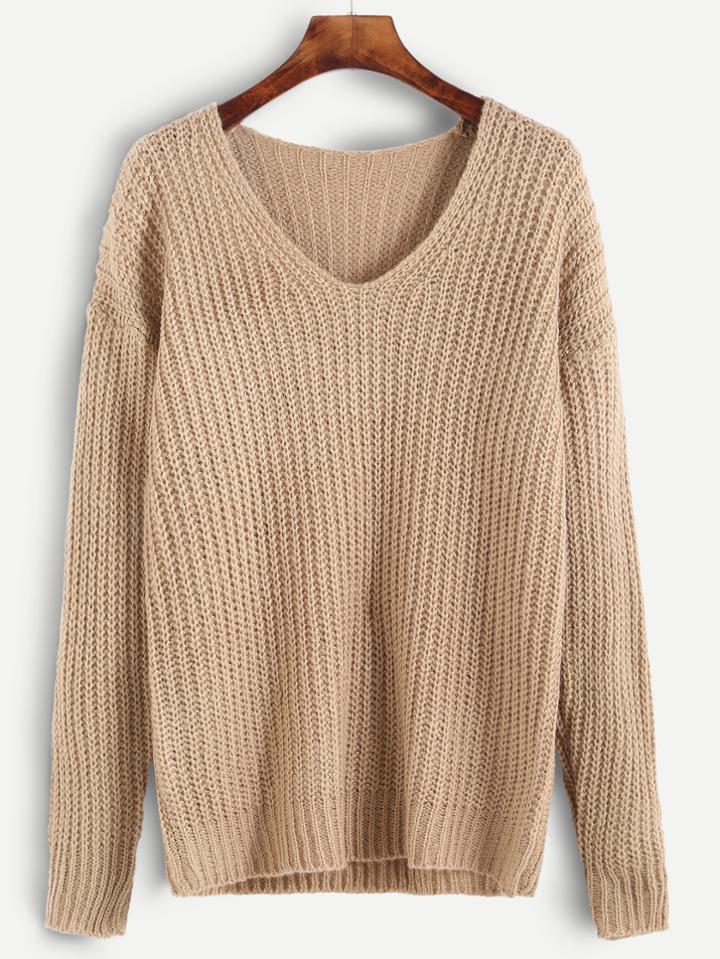 Romwe Apricot Ribbed Knit Drop Shoulder Sweater