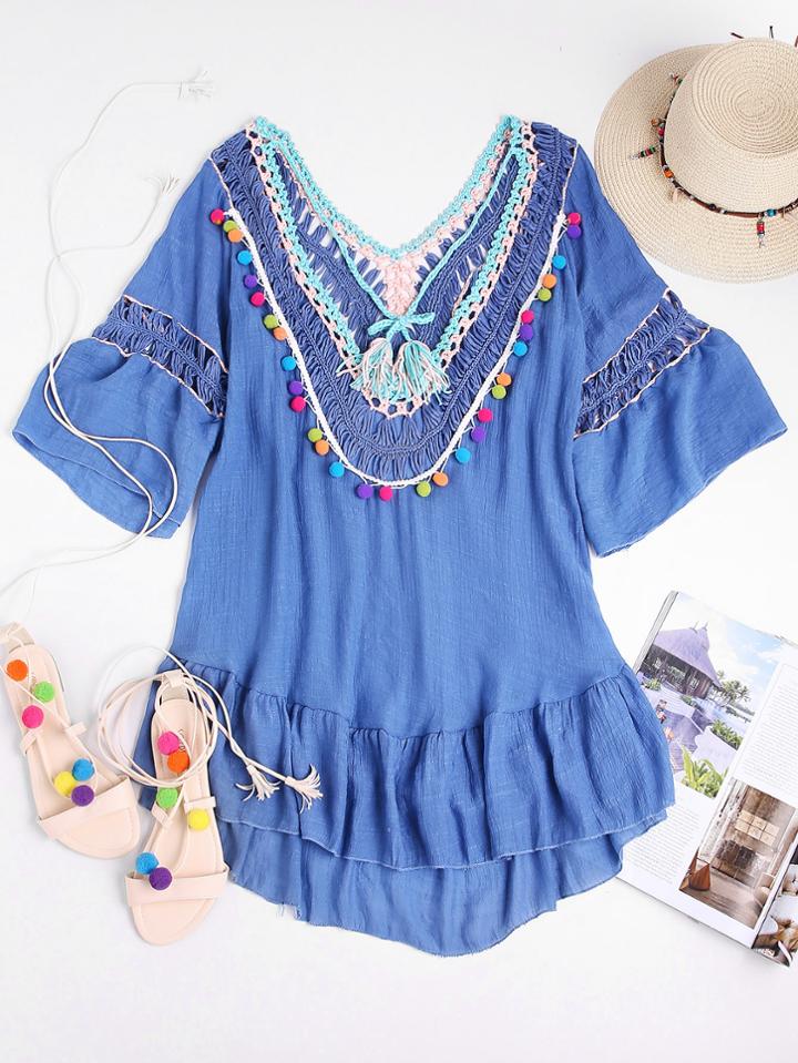 Romwe Contrast Crochet V Back Tassel Tie Pom Pom Dress