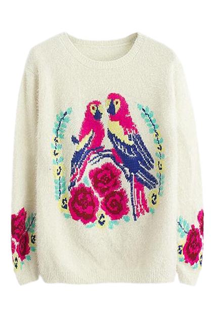 Romwe Double Birds And Floral Knitted White Jumper