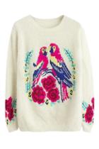 Romwe Double Birds And Floral Knitted White Jumper
