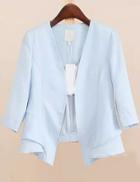 Romwe Blue V Neck Ruffle Crop Blazer