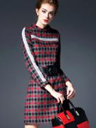 Romwe Red Round Neck Long Sleeve Drawstring Geometric Print Dress